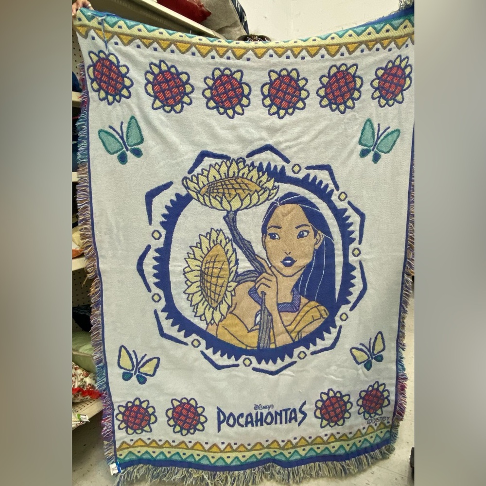 Vtg Pocahontas Woven Tapestry Throw Blanket - Picture 2 of 3
